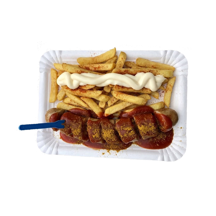 Currywurst mit Pommes Rot Weiß